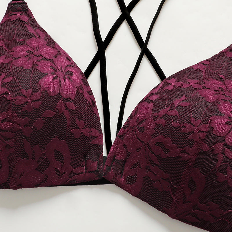 Flourish Sexy Floral Lace Underwear Set Backless Front Closure Bra And Mesh Thong Lingerie Set For Women