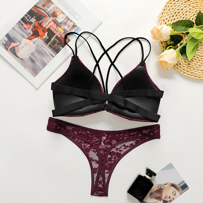 Flourish Sexy Floral Lace Underwear Set Backless Front Closure Bra And Mesh Thong Lingerie Set For Women