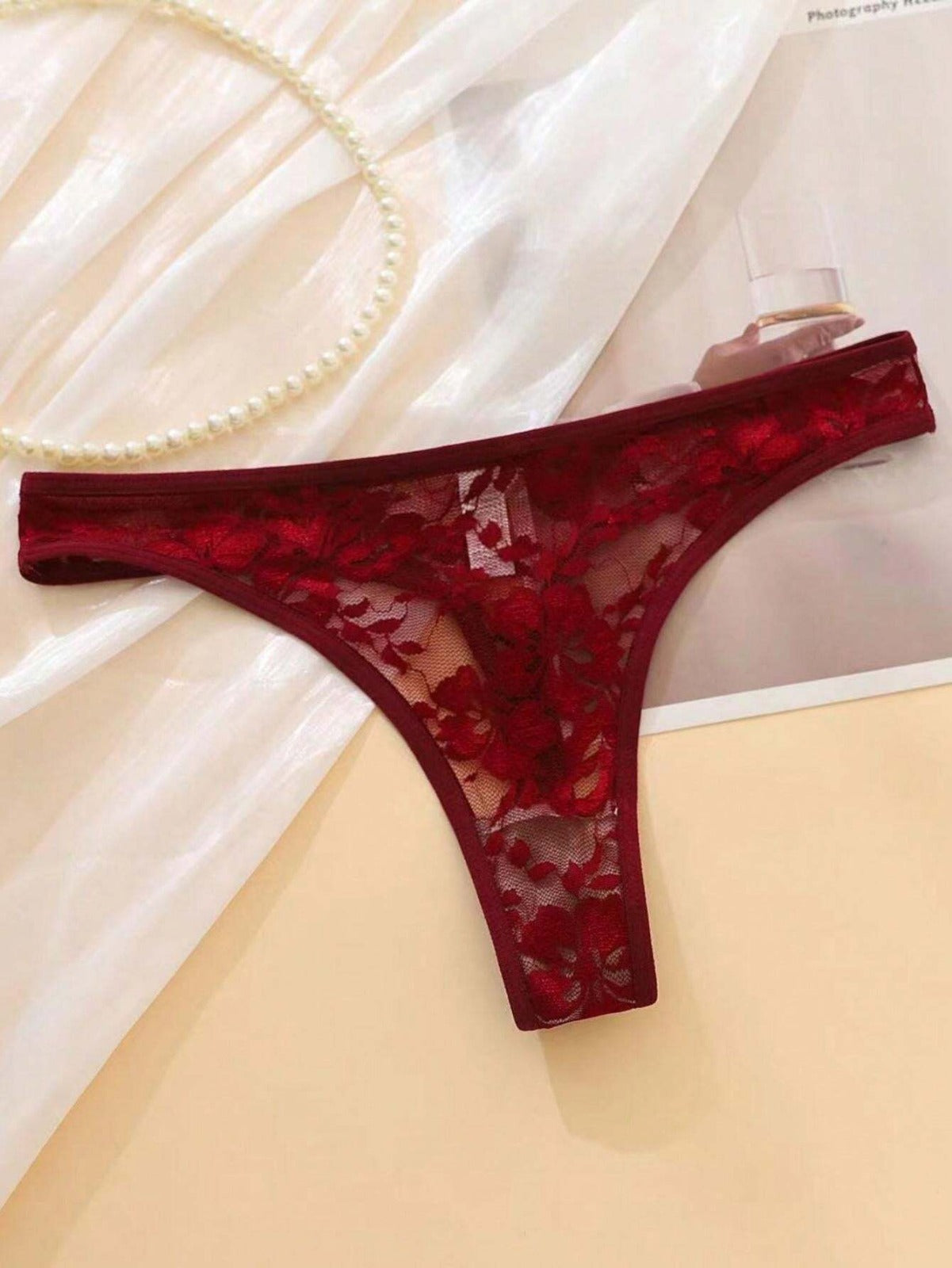 Flourish Sexy Floral Lace Underwear Set Backless Front Closure Bra And Mesh Thong Lingerie Set For Women